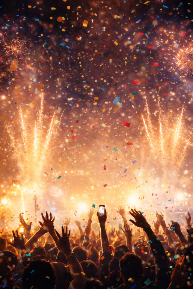 Celebration under fireworks and confetti